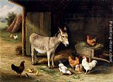 Donkey, Hens and Chickens in a Barn by Edgar Hunt